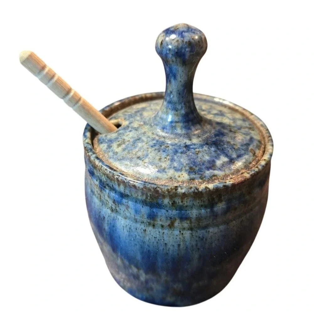Blue Glaze Signed Pam Snyder‎ Studio Art Pottery Honey Pot with Lid & Wood Wand